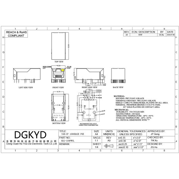 Custom Single Port 33.0mm Rj45 Lan Jack , 1000BASE micro rj45 connector PoE KRJ-339PWNL