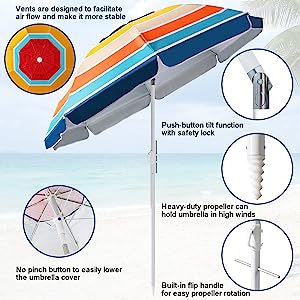 Portable Beach Umbrella With Sand Anchor, Tilt Pole, Carry Bag, Air Vent, Heavy Duty Wind Portable