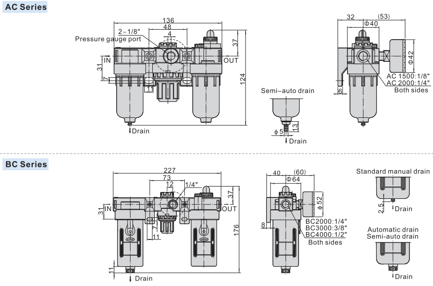 AC BC Series FRL Combination Air Treatment Processing Filter Regulator Lubricator