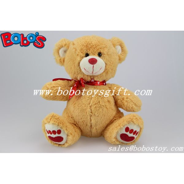 Factory Made Brown Lovely Stuffed Valenines Day Teddy Bear With Red Heart Printing Ribbon