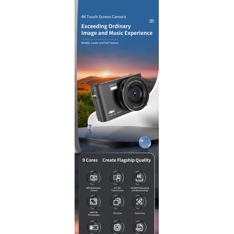 Newest HD 4K Digital Camera 3.0'' IPS Touch Screen with Flash Light and MP3 Function Student Camera for Photography
