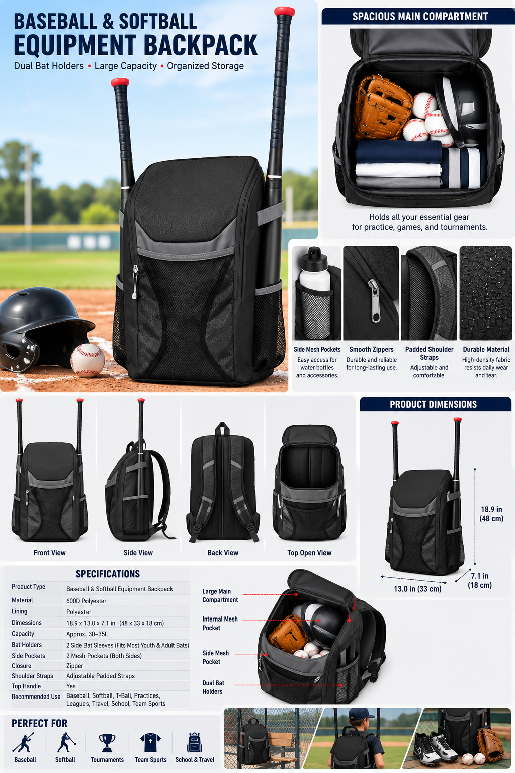 Baseball & Softball Backpack with Bat Holders, Large Equipment Bag for T-Ball, Rec & Travel Teams, Helmet, Gloves & Cleats