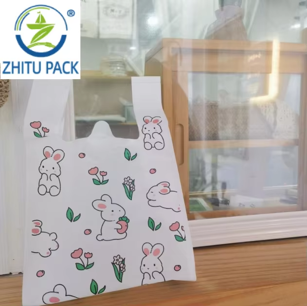 Milky White Rabbit Holding Radish Recyclable Plastic Takeout Bag Cute New Year Gift for Baking Desserts Noodles Tampons