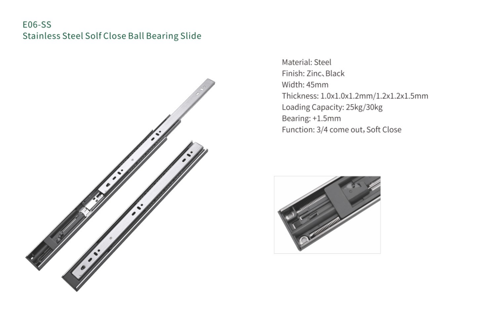 Guía de cajón con rodamiento de bolas de cierre suave de acero inoxidable, extensión total, 45 mm