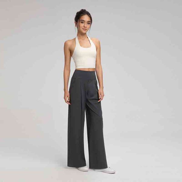 Women's Wide Leg Yoga Leggings With Pockets High Waisted Dark Gray Flowy