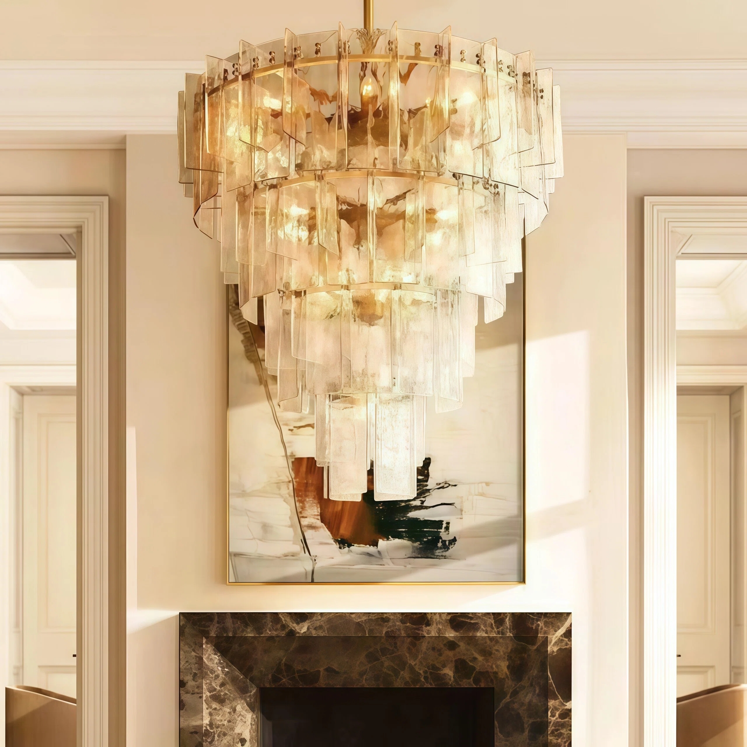 JYLIGHTING Tiered Smoke Glass & Iron Chandelier, 4-Tier Modern Statement Pendant Light for Living Room & Foyer