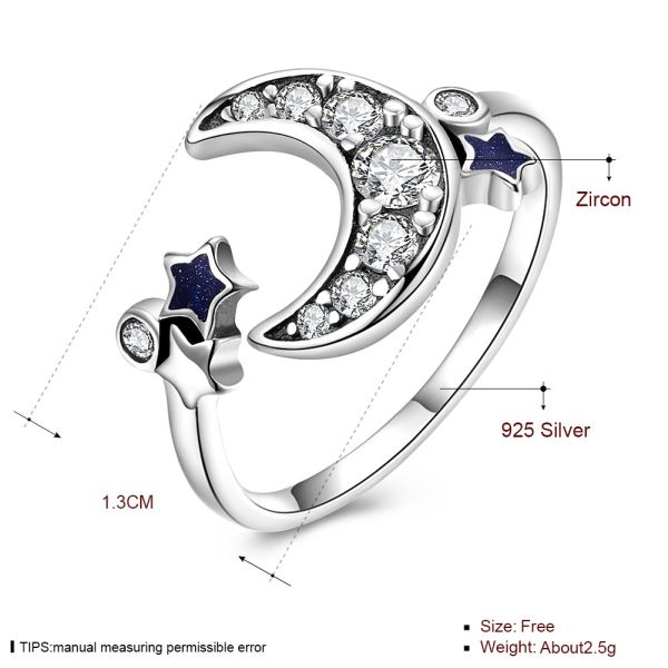 Dainty Star And Crescent Moon Open Ring 925 Sterling Silver For Women Teen Girls Crystal Eternity Rings