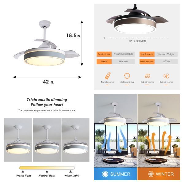 Wholesale factory Invisible Ventilador Ceiling Fan 42 Inch 52 Inch Dimmable Retractable Ceiling Fan With Light