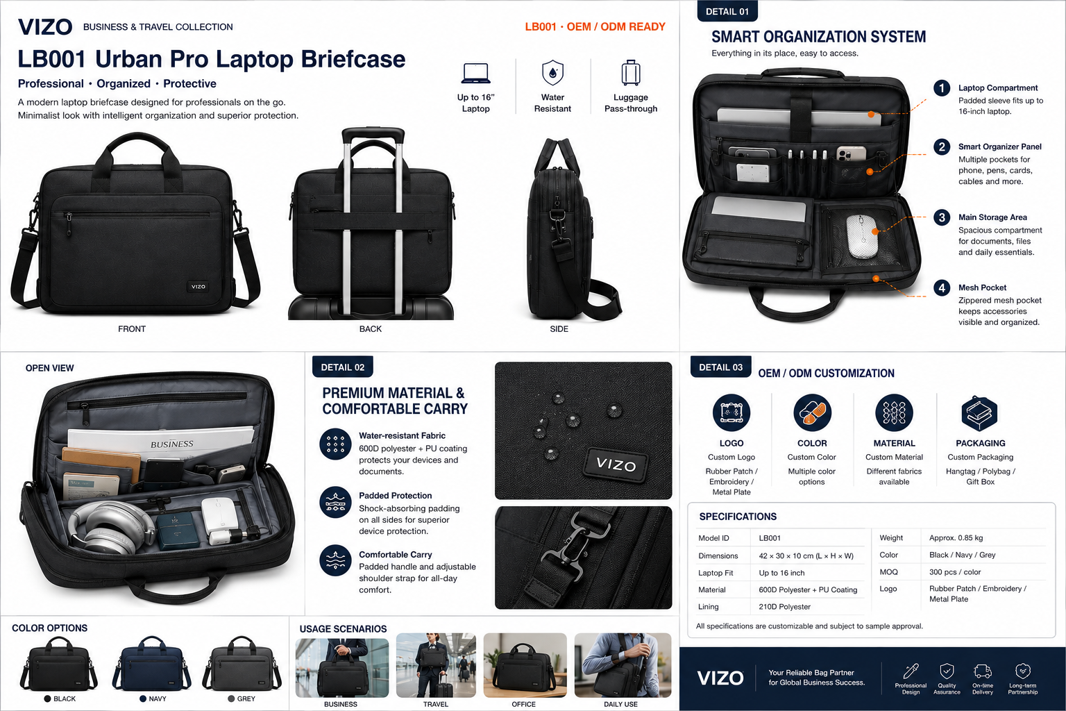 Custom Business Laptop Briefcase with 16-Inch Laptop Protection and Smart Organization