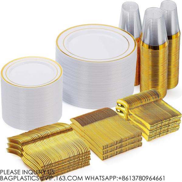 Gold Disposable Plates For 100 Guests, Plastic Plates For Party, Dinnerware Set Of Dinner Plates, Salad Plates