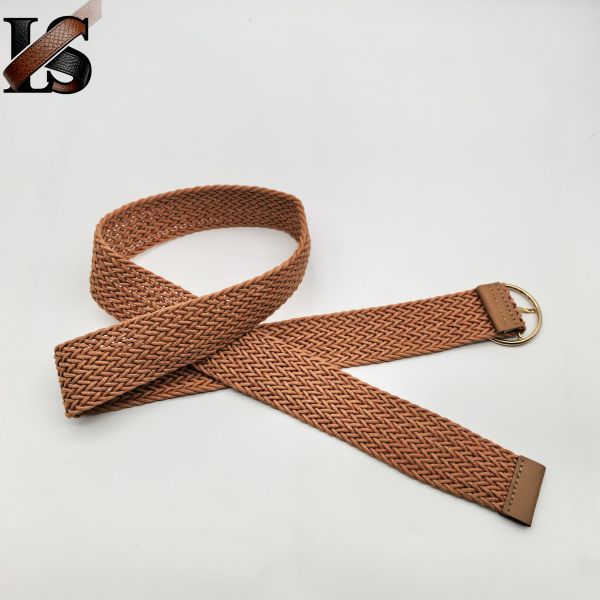 Brown Wax Rope Braided Belt for Women Lady Girl Metal Buckle Adjustable Knitted Belts