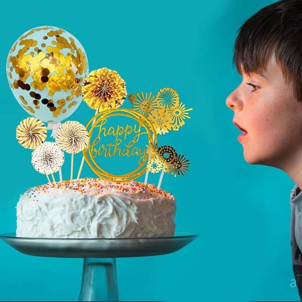 Birthday Paper Fans Banner Confetti Balloon Fireworks Golden Cupcake Topper For Gold Theme Party Decor Girl Boy Kid