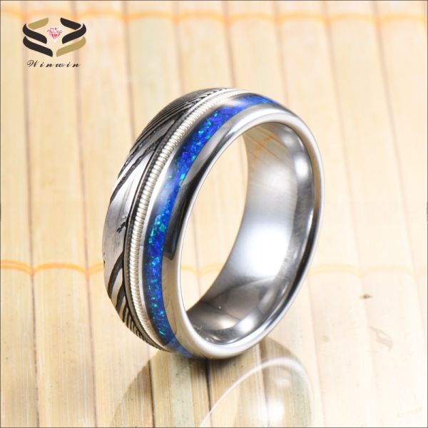 Chasse à l'homme Damas Anneaux de mariage en acier 8 mm Opal bleu Argent Guitare à cordes incrustée