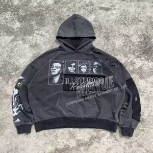 Custom Pullover Streetwear Acid Wash Hoodie Heavyweight Vintage Dtg Print Hoodie Embroidery Patchwork Drop Shoulder Hoodie
