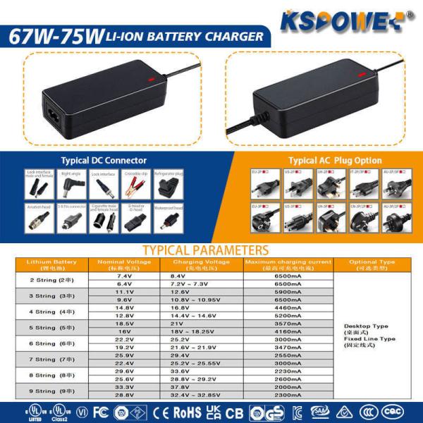 SAA Certified Lithium Battery Charger Cars AU EU 75W 21V Short Circuit Protection
