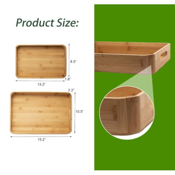 Wholesale Customized 2 Pack Large Handmade Bamboo Breakfast Dinner Catering Tray Wood Riser Tray With Handles