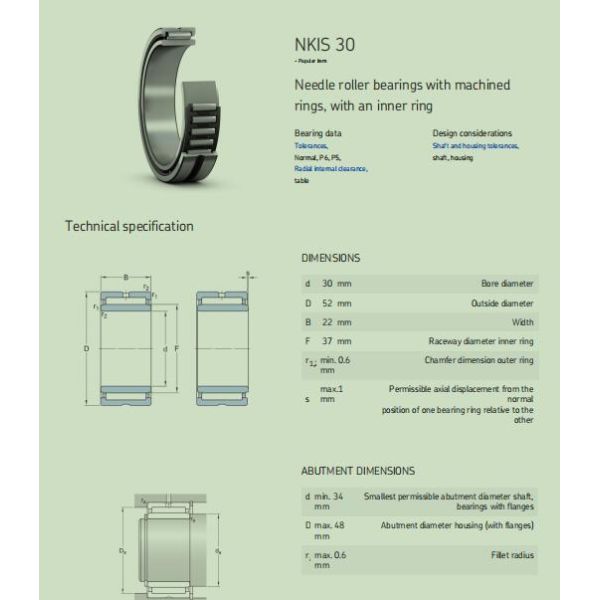 Needle roller bearings with machined rings, with an inner ring  NKIS 30 , NKIS30