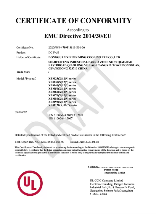Dongguan Xinbinming Cooling Fan Co., Ltd. Certifications
