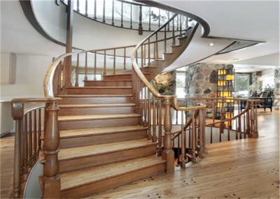 Elegant 38mm Open Wood Stairs , Glass Railing Curved Wooden Staircase No Slip