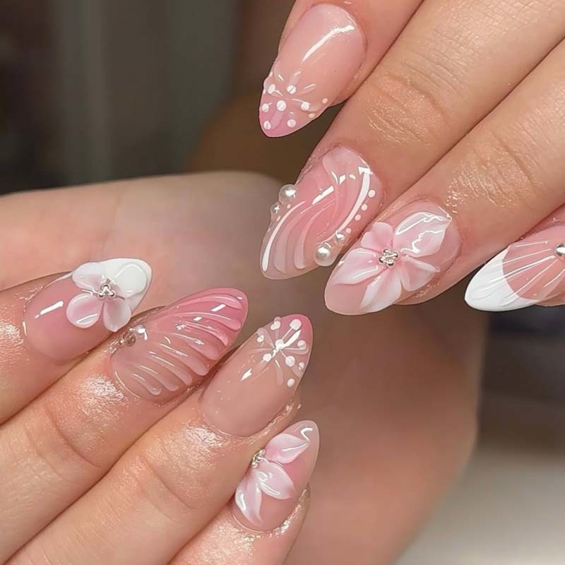 Medium 3D Press On Nails Almond Nude Pink Pearl Rhinestone Nails