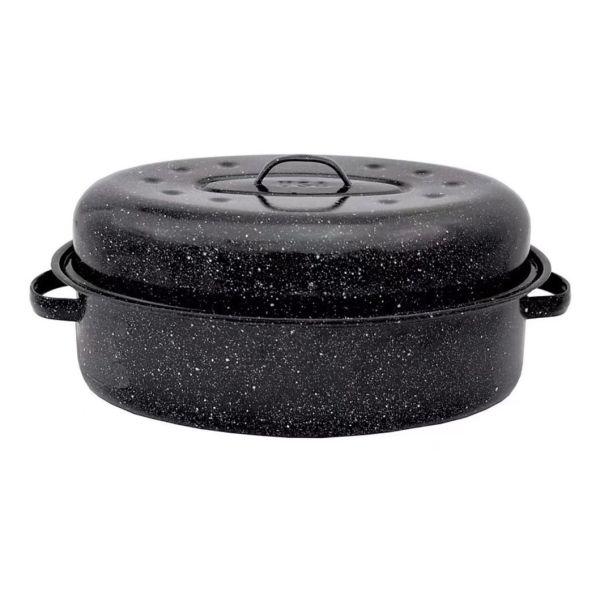 Black Handmade Enamel Oval Roasters With Stainless Steel Rack Customized Logo