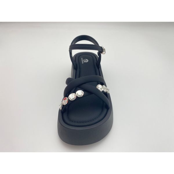 Women black bottomed sandals with rhinestone genuine leather in summer
