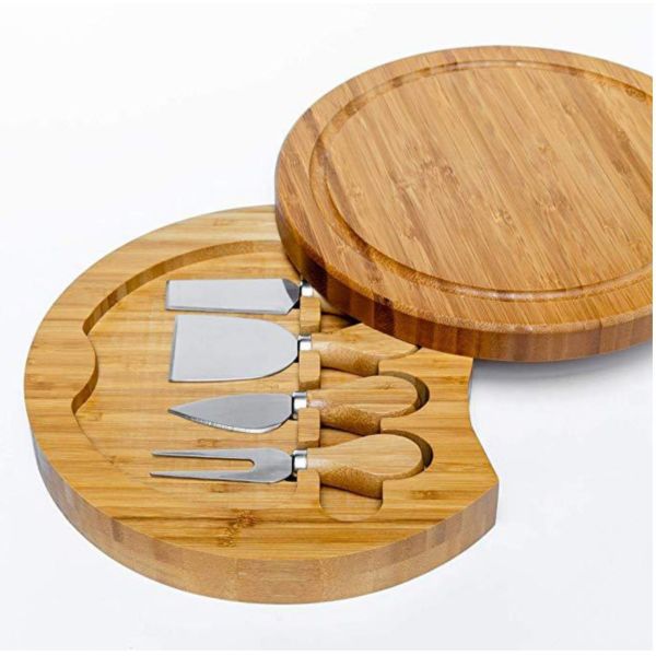 Small Bamboo Meat Charcuterie Cheese Board with Knives Custom Logo Round Pizza Stands