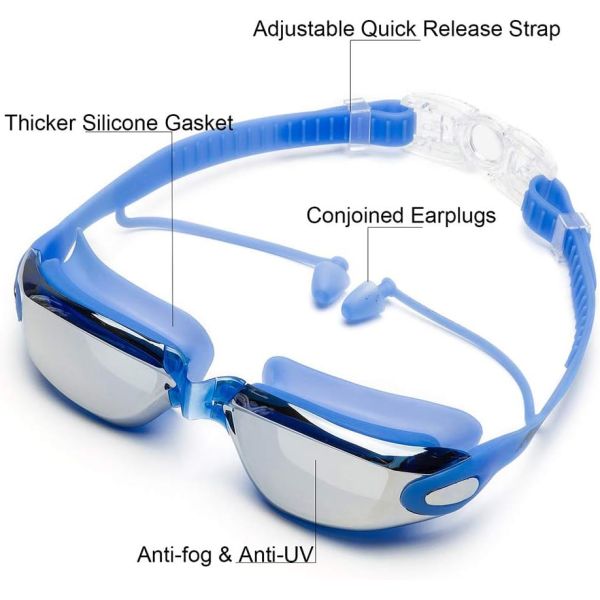 Adults Blue Silicone Swimming Goggles With Anti Fog Waterproof Mirror Coating PC Eyewear