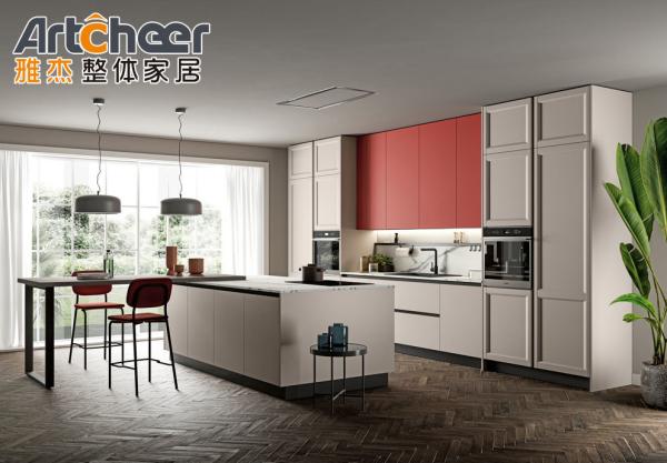 Armários de cozinha rosa com painel ENF e pequena mesa da ilha importados