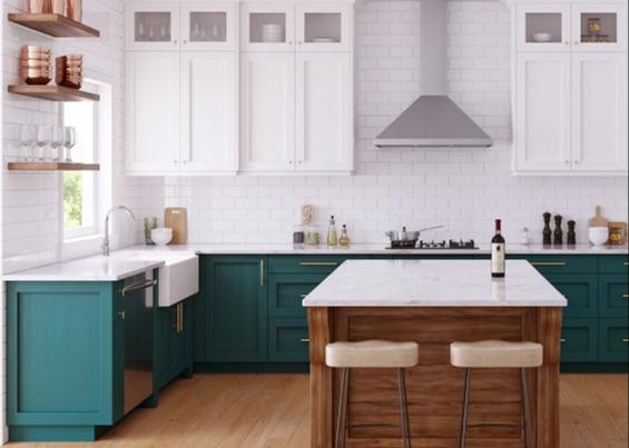 White kitchen green cabinets furniture from Foshan supplier white quartz stone countertop and base dishwasher