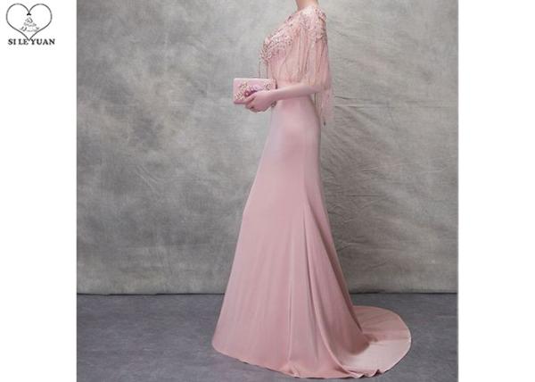 Unique Tulle Pink Mermaid Style Prom Dress Beading Bat Wing Sleeve Stretch Fabric