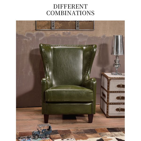 Nidea #8881 Traditional Design Handmade Genuine Leather Upholstered High Back Wing Chair with Wooden Frame for Bedroom Coffee Shop Hotel