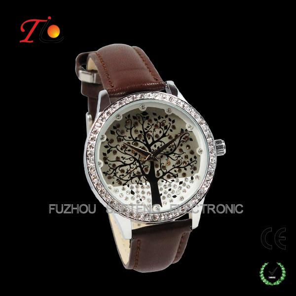 Fancy diamond inset case  unique tree design dial with color  PU leather band for ladies