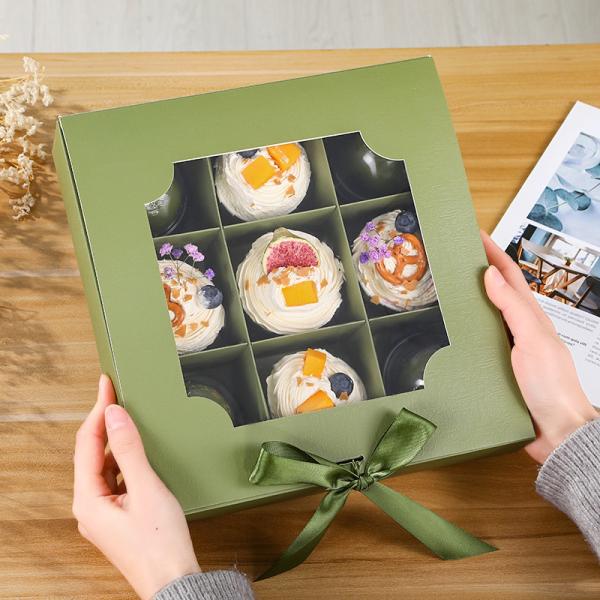 9 Grid Pastry Box With Window Premium Dessert Packaging Transparent Display Window Ribbon Closure Gift Box