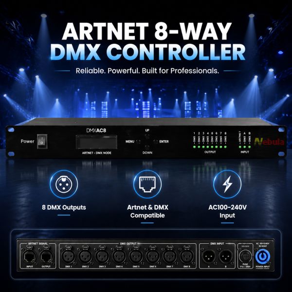 8-Port ArtNet Splitter & DMX Controller 8-Way Professional Lighting Signal Amplifier