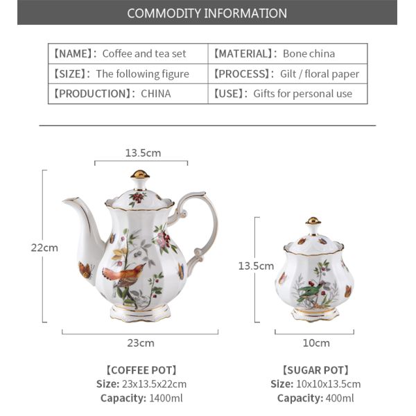 Floral 6.7oz Tea Cup 1400ml Teapot Bone China Coffee Serving Set