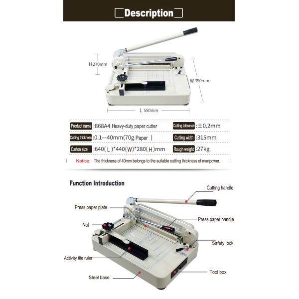 Heavy Duty A4 Paper Cutter Manual Guillotine Cutting Machine for Office and Home