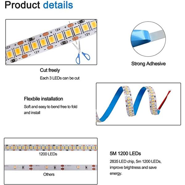 24V 240 Led/M LED Strip Lights Warm White 3000K 16.4 Ft 5m IP20 2835 SMD