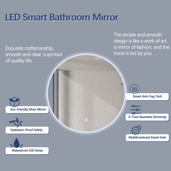 Luxury Backlit Circular LED Mirror Decorative Frameless Smart Vanity Mirror With Defogger 3 Color Dimming