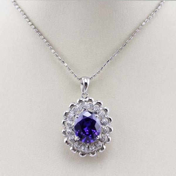 925 Silver 9mmx11mm Oval Amethyst Cubic Zircon Pendan Silver Chain  Necklace (PSJ0178)