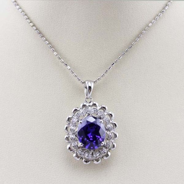 925 Silver 9mmx11mm Oval Amethyst Cubic Zircon Pendan Silver Chain  Necklace (PSJ0178)