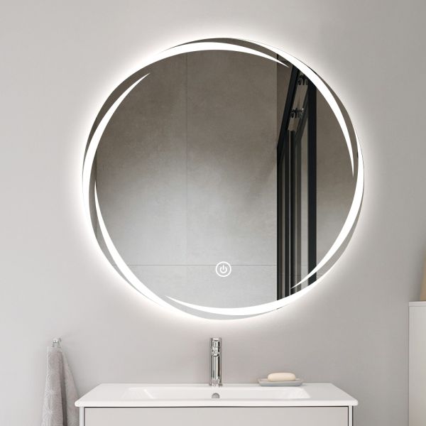 Modern Round Bathroom Mirror Anti Fog Waterproof Wall Mounted Lighted Makeup Mirror
