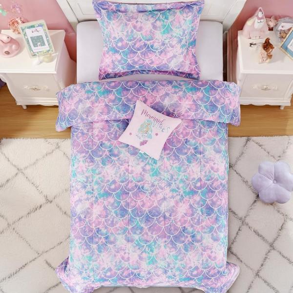 Comfortable Fluorescence Childrens Quilt Set 3 Piece Mermaid Double Bedding Set