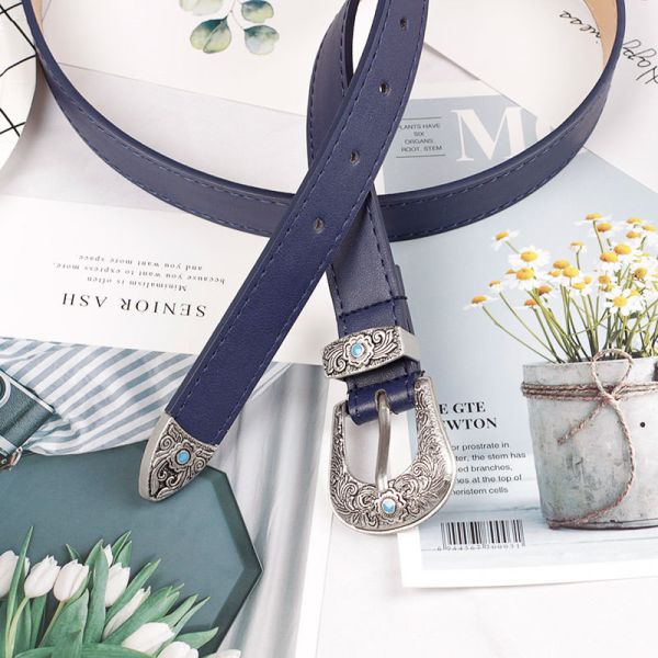 Metal Engraved Buckle Pu Leather Belts Ladies 107cm Bohemian Style Fashion