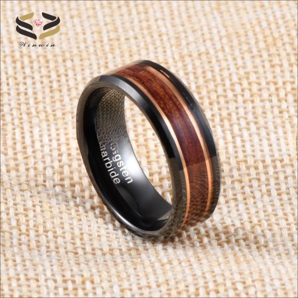 8mm Rose Gold Line and Rosewood Inlay Black Tungsten Carbide Men's Wedding Ring with Third Party Appraisal Certificate
