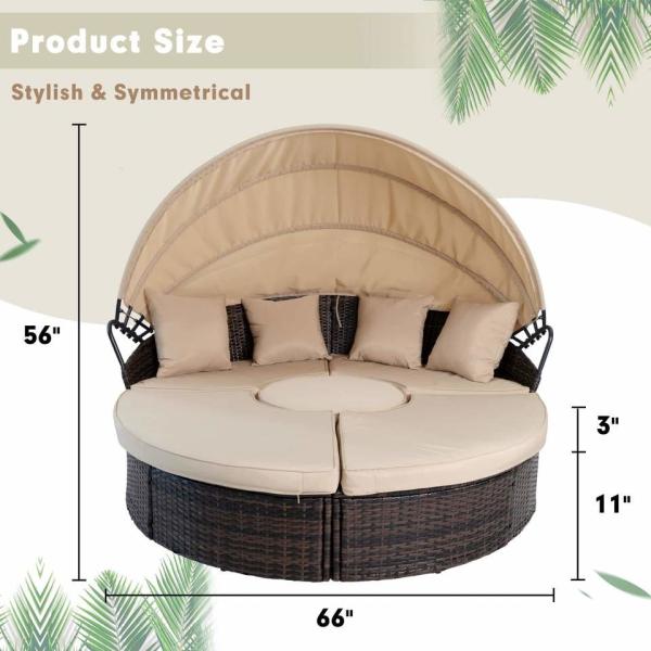 Modern Hotel Outdoor Furniture Patio Rattan Round Flip Top Daybed With Canopy Cushion For Backyard Porch