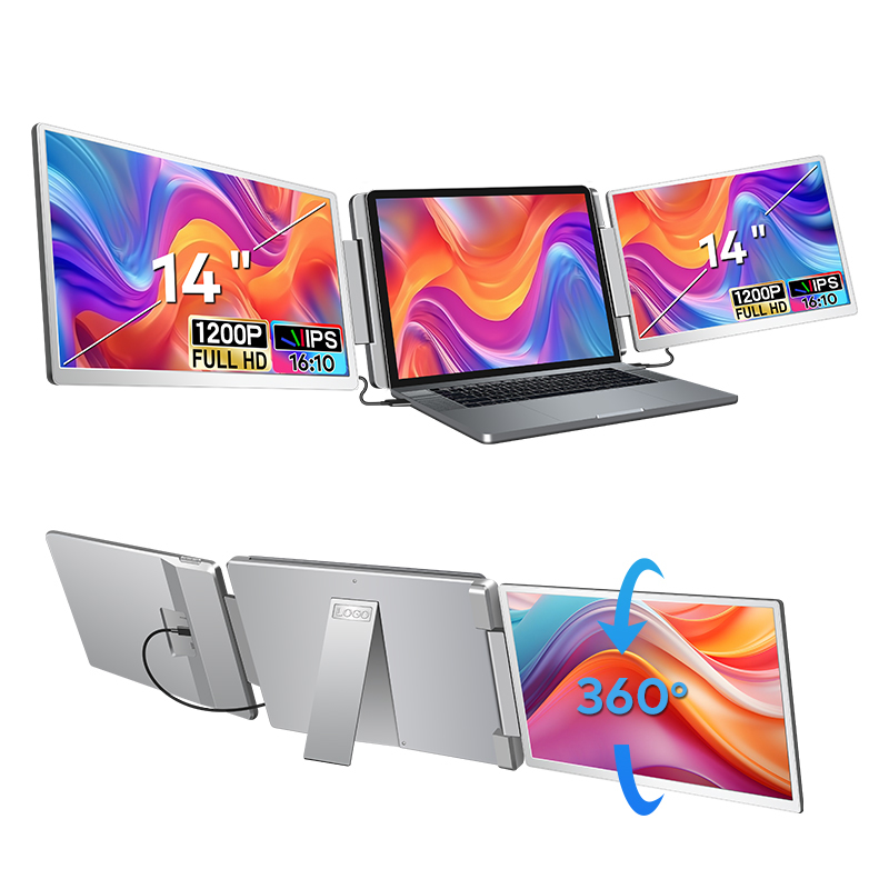 Plug And Play 14 Inch Portable Tri-Screen Monitor With 1200P FHD IPS Display