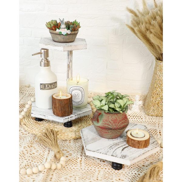 2-Tier Hexagonal Wooden Display Riser White Farmhouse Tray for Kitchen and Bathroom