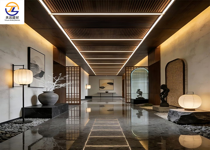 Premium Extruded Aluminum Square Tube Ceiling | Wood Grain Linear Baffle for Luxury New Chinese Style Corridors