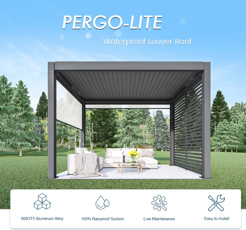 Электрический наружный дождевой экран Слат Слат Садовый навес Покрытый порошком беседка